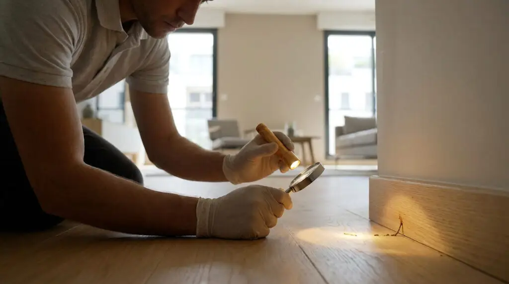 Un professionnel inspecte une plinthe en bois avec une loupe et une lampe torche pour détecter la présence de termites.
