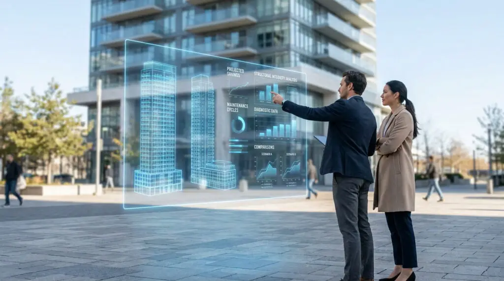 Un homme et une femme en tenue professionnelle analysant une interface holographique devant un immeuble moderne.