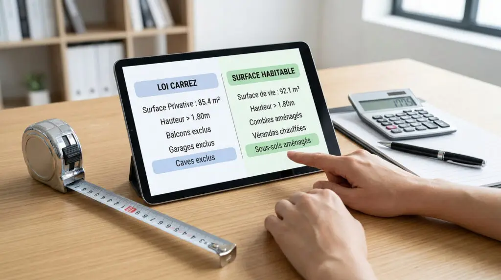 Une tablette affiche un comparatif entre la Loi Carrez et la surface habitable avec un mètre ruban posé à côté.