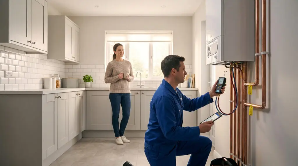 Technicien en combinaison bleue inspectant une chaudière murale avec une cliente présente dans une cuisine moderne.