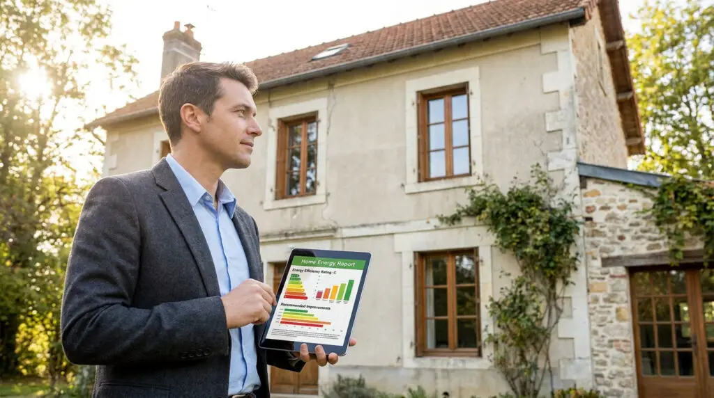 Un homme en costume présente un bilan énergétique sur tablette devant une maison traditionnelle.