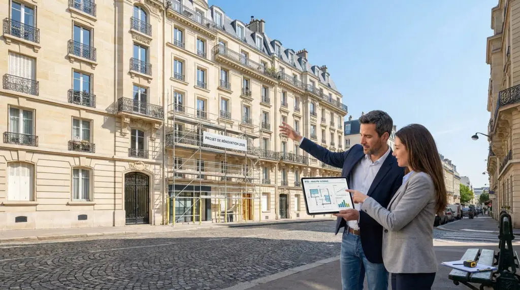 Professionnels examinant un rapport de diagnostic technique sur une tablette devant un immeuble en rénovation.