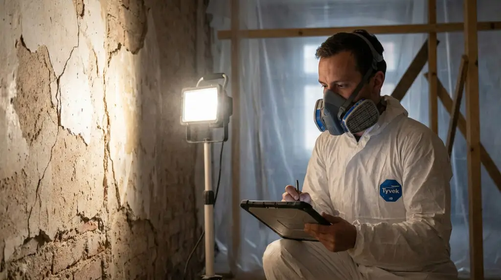 Expert en combinaison de protection réalisant un diagnostic amiante sur un chantier avec une tablette.