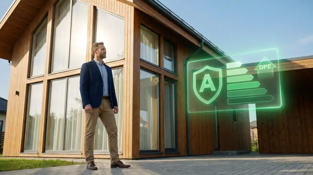 Un homme devant une maison en bois moderne avec une interface holographique affichant une étiquette énergie DPE A.