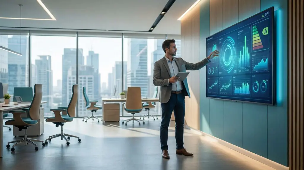 Un professionnel analyse les données de performance énergétique (DPE) sur un écran mural dans un bureau moderne.