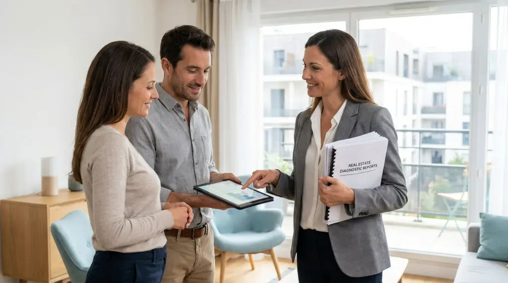 Une agente immobilière présente des diagnostics sur tablette à un couple dans un salon lumineux.