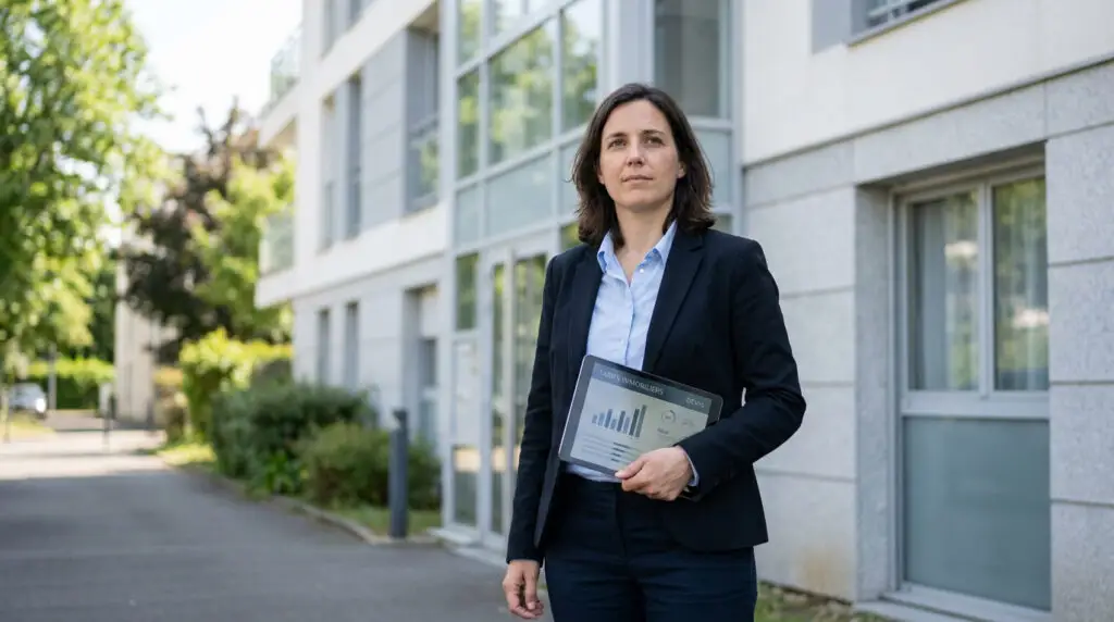 Une femme professionnelle en costume tient une tablette affichant des graphiques devant un immeuble résidentiel.