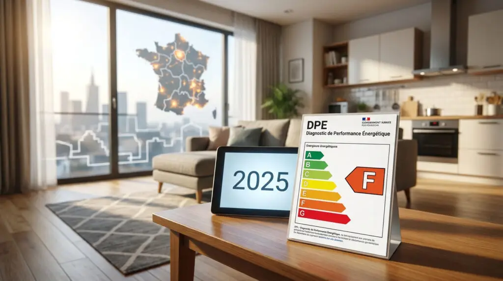 Une tablette affichant 2025 et un document DPE classé F posés sur une table devant une fenêtre avec la carte de France.