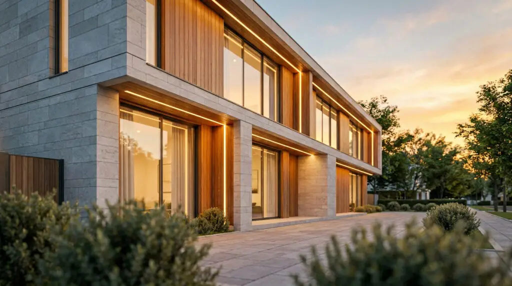 Façade d'une villa moderne avec éclairage LED au coucher du soleil.