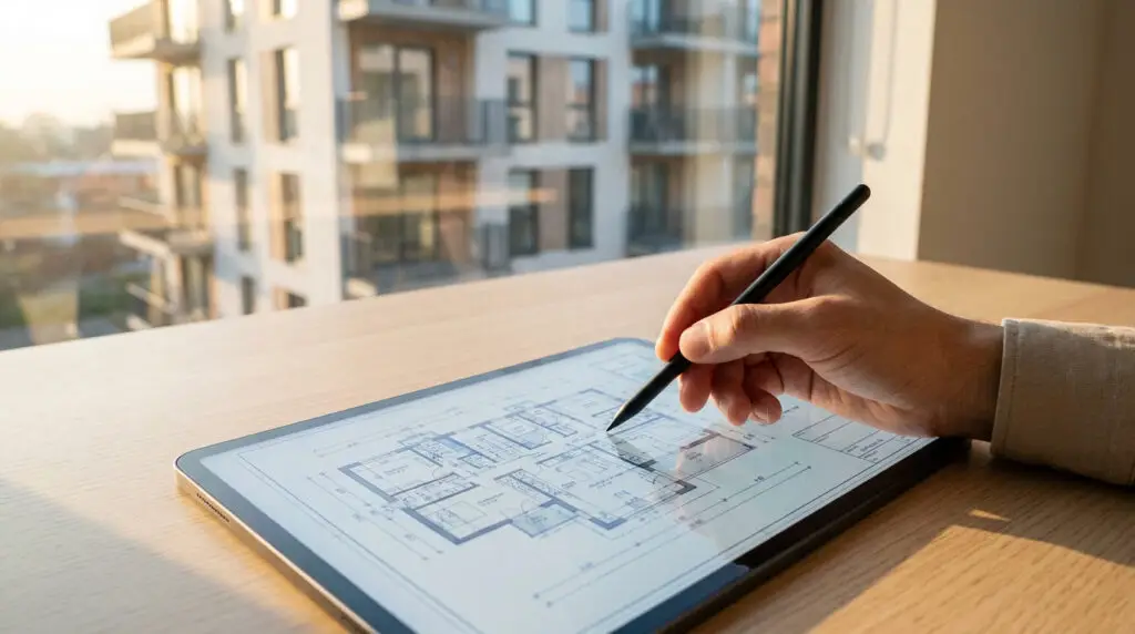 Main d'expert utilisant un stylet sur une tablette numérique affichant un plan architectural avec des immeubles en arrière-plan.