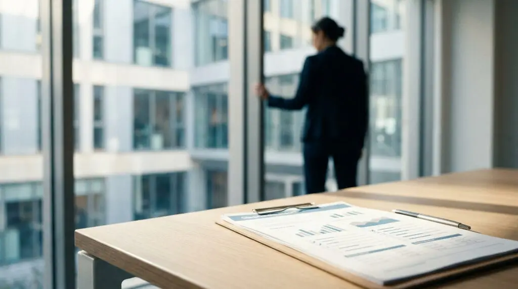 Document avec graphiques posé sur un bureau devant une fenêtre avec une professionnelle en arrière-plan.