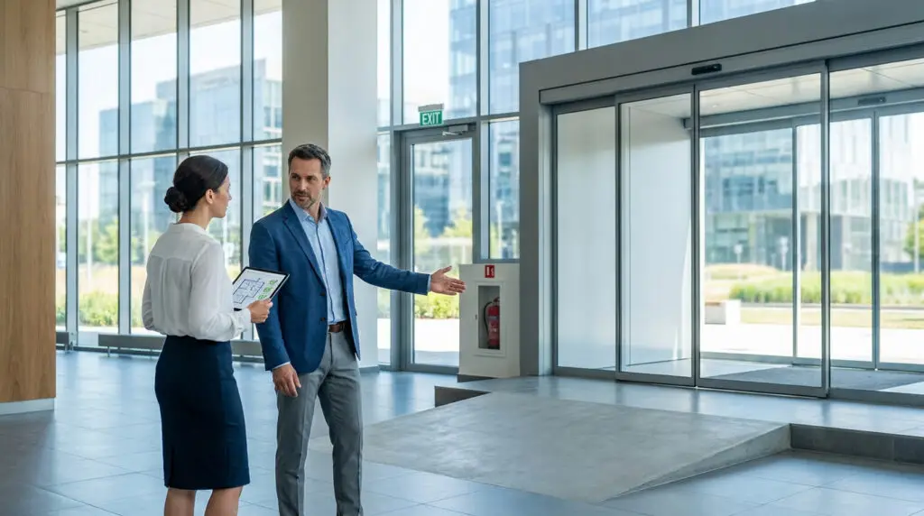 Deux professionnels inspectent l'accessibilité d'un hall d'immeuble moderne avec une tablette.