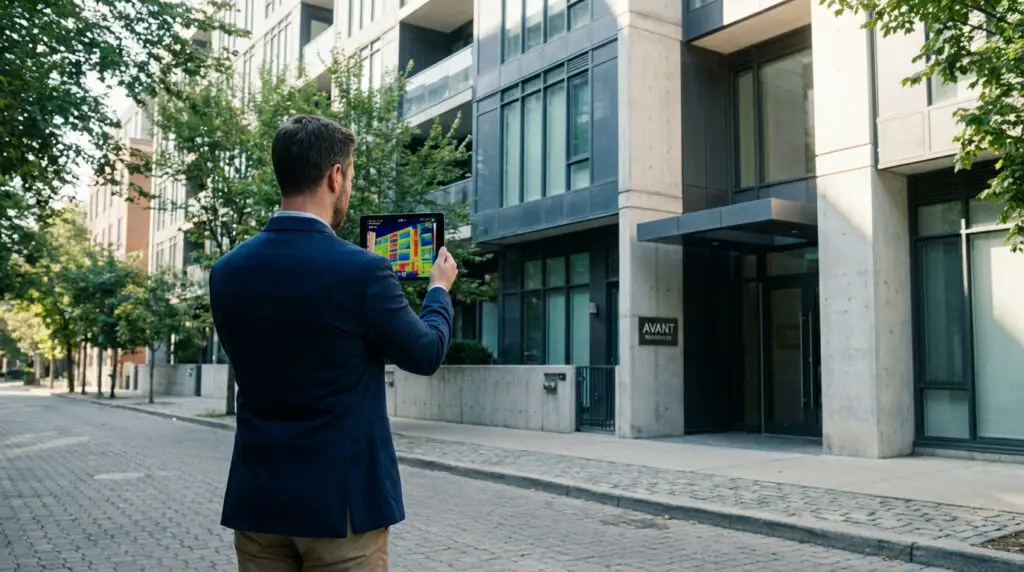 Expert en diagnostic immobilier utilisant une tablette thermique devant un immeuble moderne.