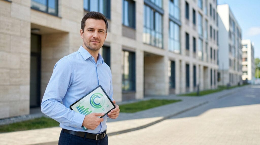 Un diagnostiqueur immobilier professionnel tenant une tablette avec des graphiques devant un immeuble moderne.